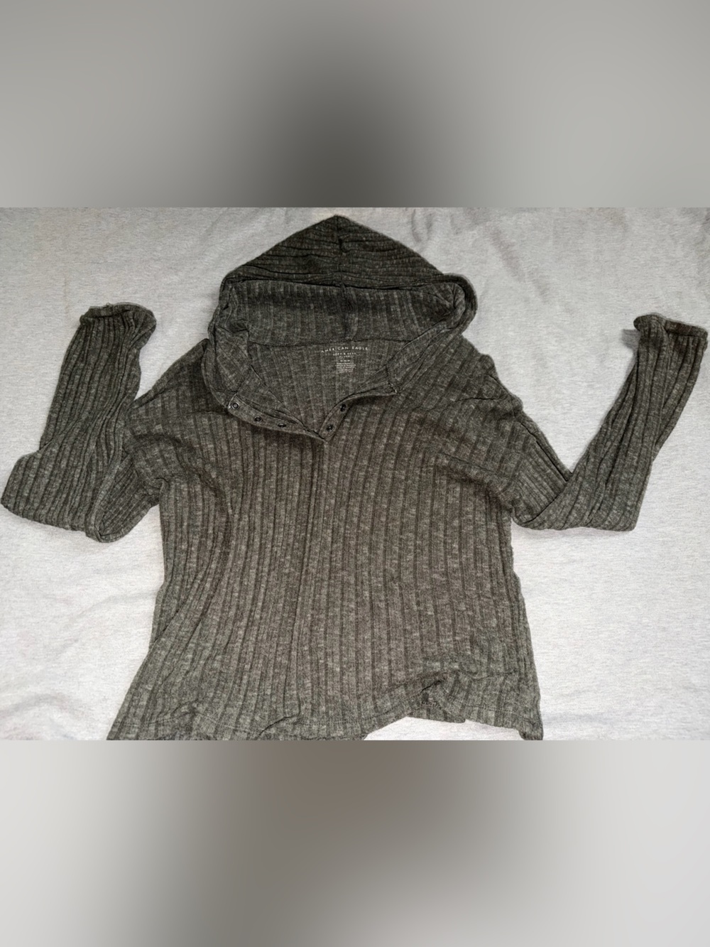 American Eagle Outfitters Ribbed Hooded Long Sleeve Top - Gray